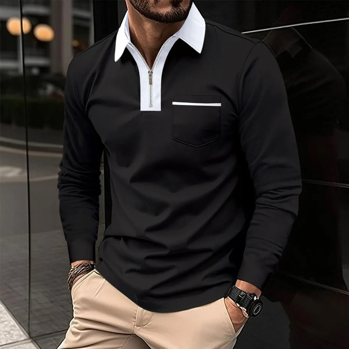 Men cotton blend long sleeve shirt with contrast collar and half zip closure