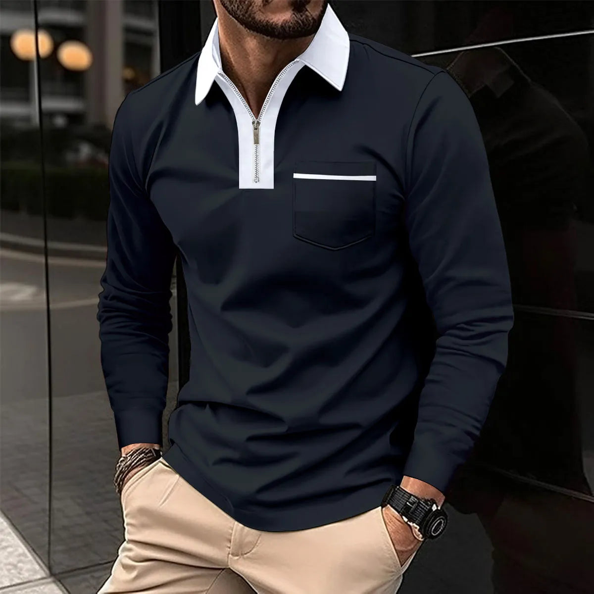 Men cotton blend long sleeve shirt with contrast collar and half zip closure
