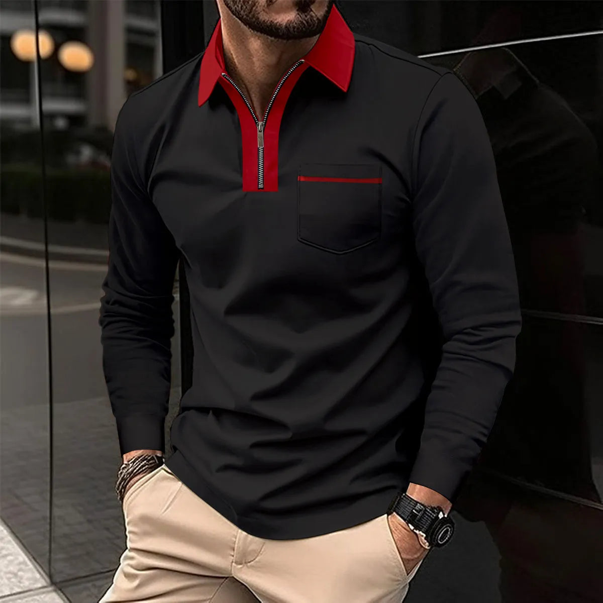 Men cotton blend long sleeve shirt with contrast collar and half zip closure