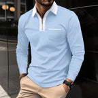 Men cotton blend long sleeve shirt with contrast collar and half zip closure