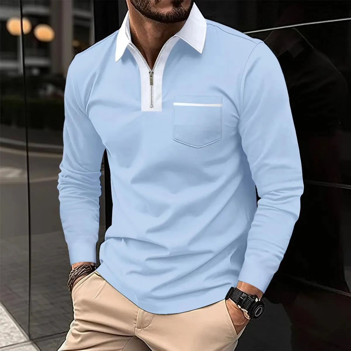 Men cotton blend long sleeve shirt with contrast collar and half zip closure