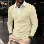 Men cotton blend long sleeve shirt with contrast collar and half zip closure