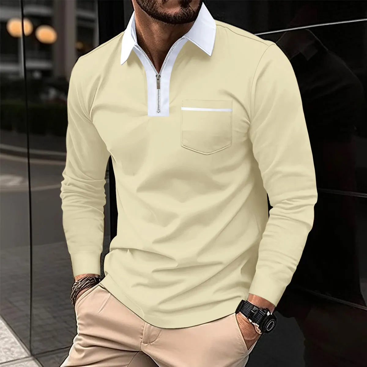 Men cotton blend long sleeve shirt with contrast collar and half zip closure