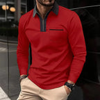 Men cotton blend long sleeve shirt with contrast collar and half zip closure