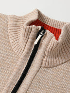 Men ribbed knit full-zip cardigan with stand collar in khaki