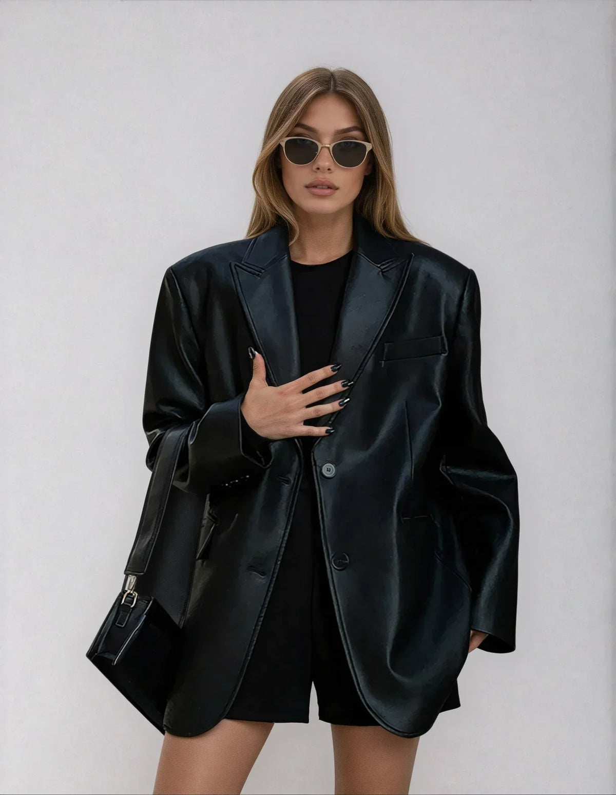 Women oversized blazer notch lapel button front hip length back vent