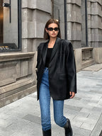 Women oversized blazer notch lapel button front hip length back vent