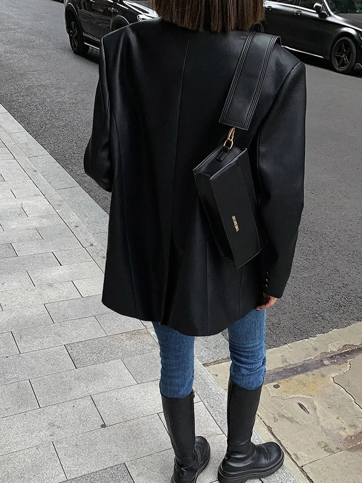 Women oversized blazer notch lapel button front hip length back vent