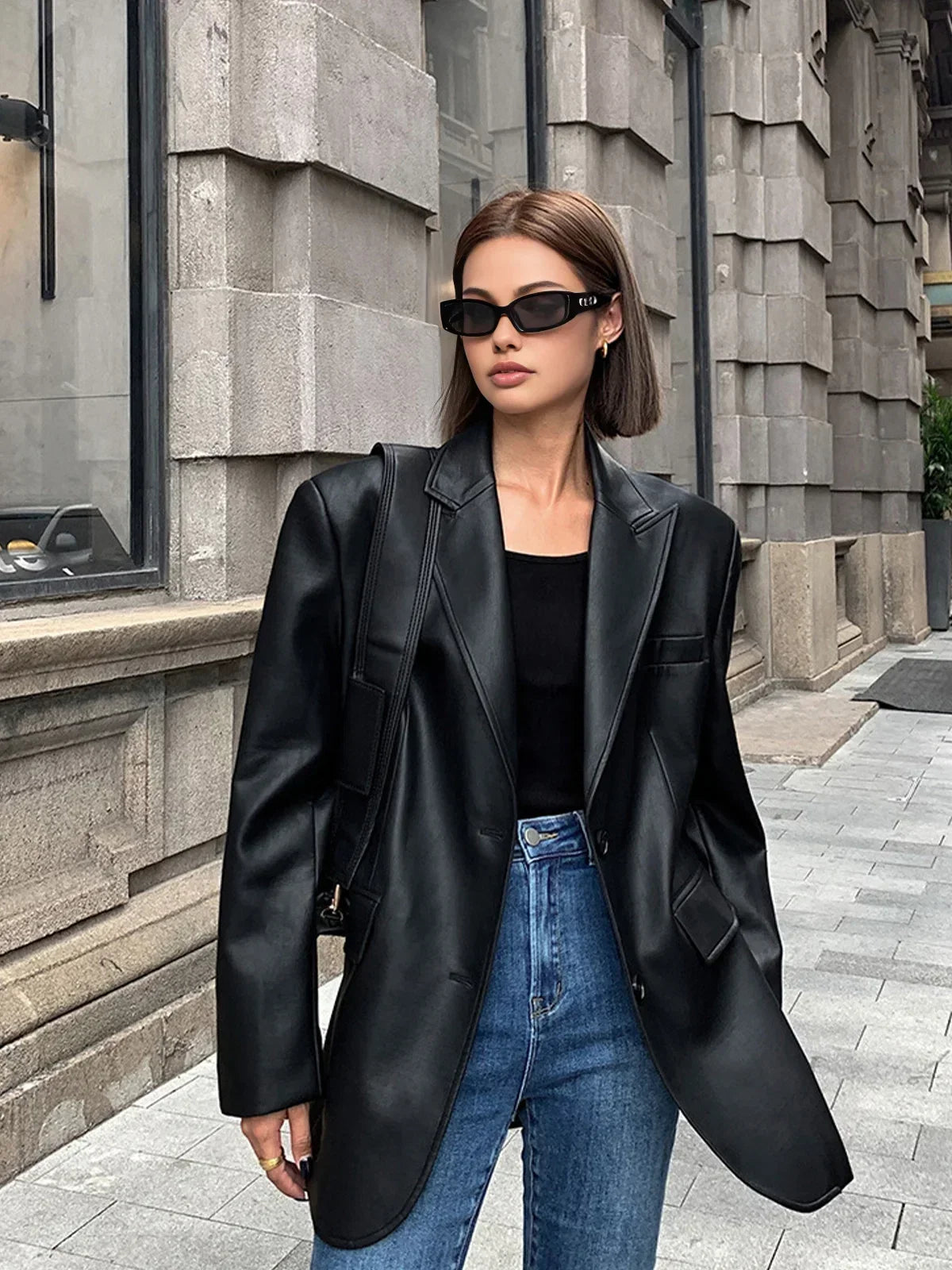 Women oversized blazer notch lapel button front hip length back vent