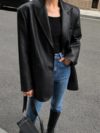 Women oversized blazer notch lapel button front hip length back vent