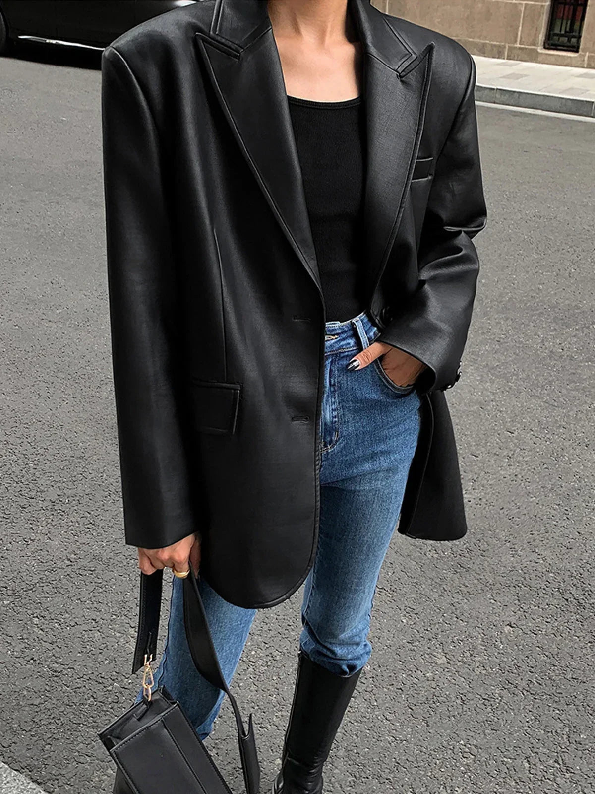 Women oversized blazer notch lapel button front hip length back vent