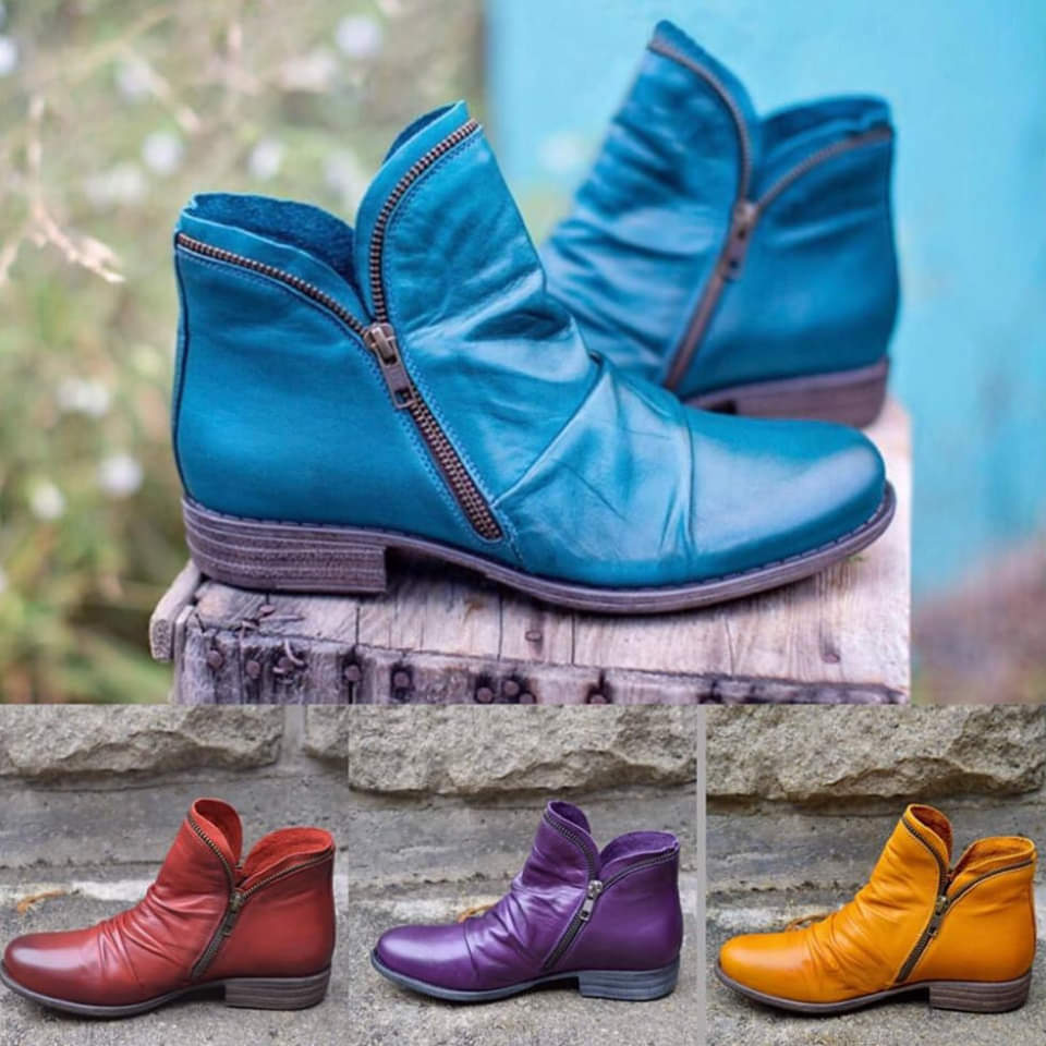 Women ankle boots with zip closure and low heel in multiple colours
