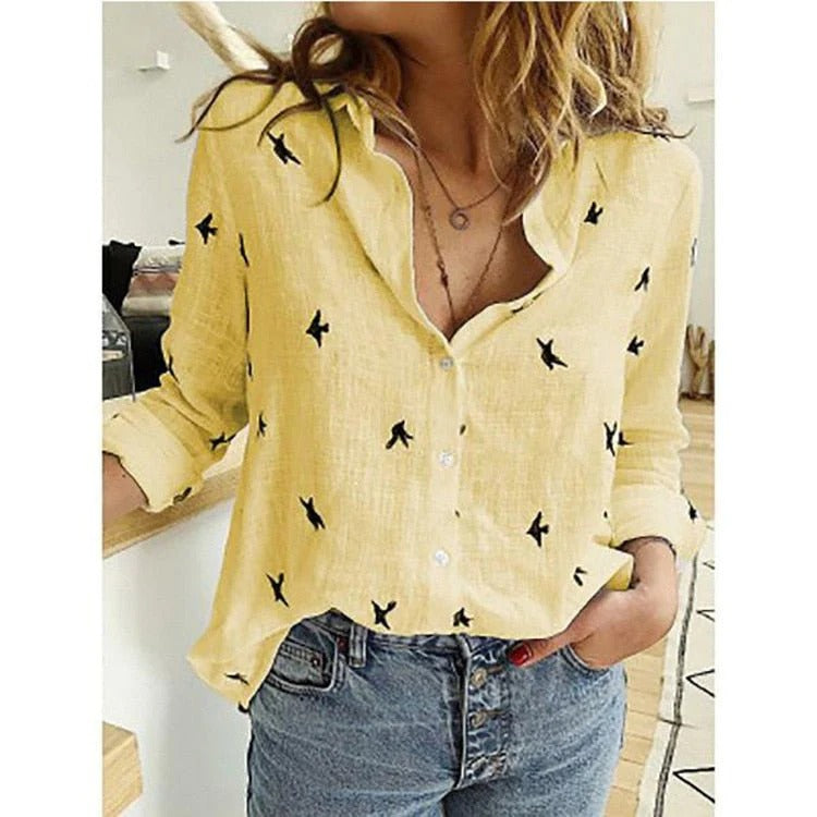 Women's long sleeve button-front blouse in printed and solid styles, relaxed fit