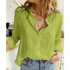 Women's long sleeve button-front blouse in printed and solid styles, relaxed fit