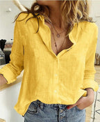 Women's long sleeve button-front blouse in printed and solid styles, relaxed fit