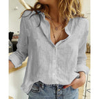 Women's long sleeve button-front blouse in printed and solid styles, relaxed fit