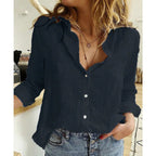 Women's long sleeve button-front blouse in printed and solid styles, relaxed fit