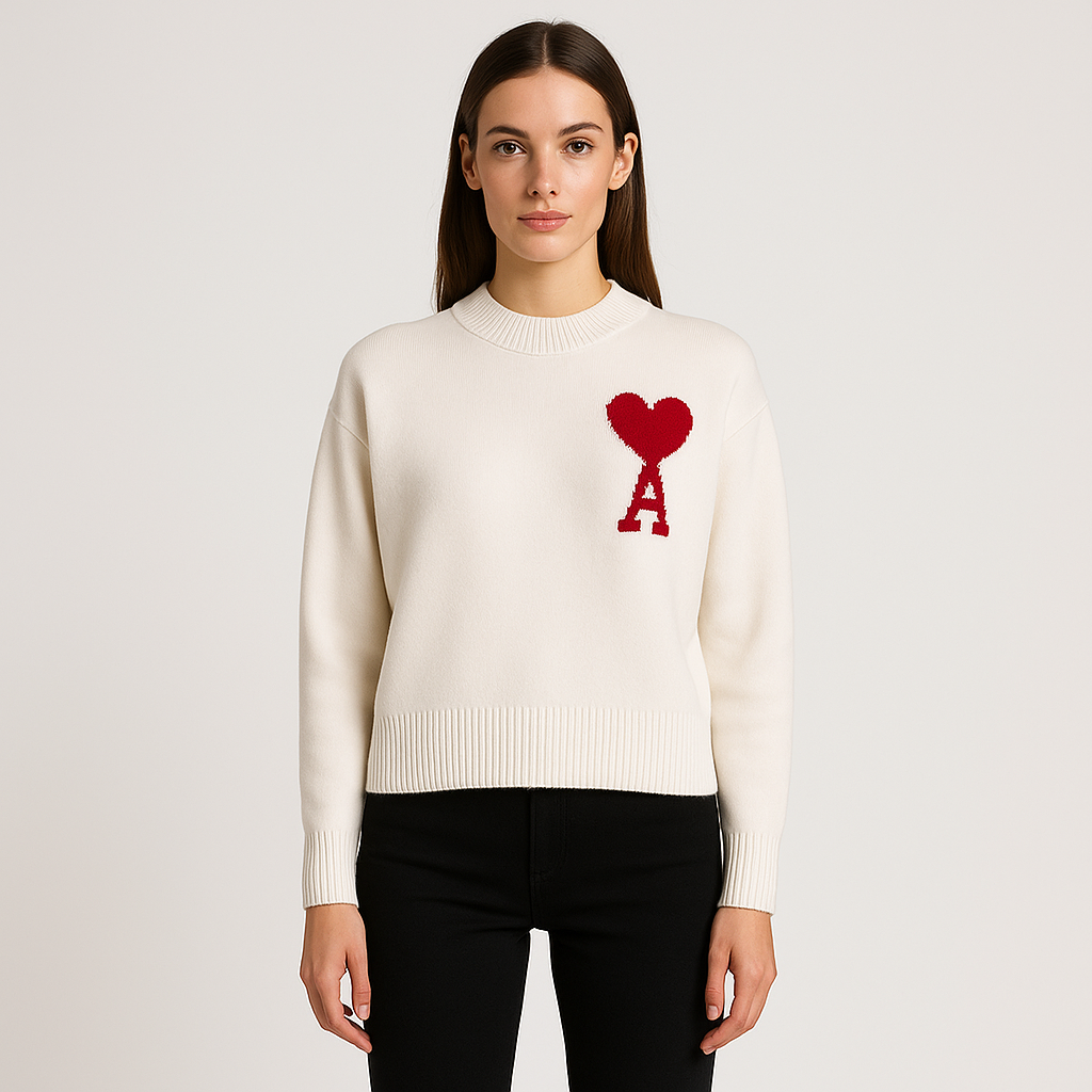 Women's oversized sweater with heart ace print and round neckline, all-season casual pullover