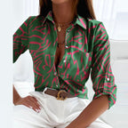 Women satin blouse graphic print lapel collar long sleeve slim fit