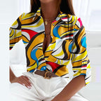 Women satin blouse graphic print lapel collar long sleeve slim fit