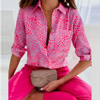 Women satin blouse graphic print lapel collar long sleeve slim fit