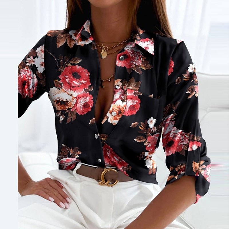 Women satin blouse graphic print lapel collar long sleeve slim fit