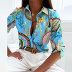 Women satin blouse graphic print lapel collar long sleeve slim fit