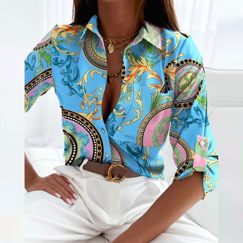 Women satin blouse graphic print lapel collar long sleeve slim fit