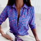Women satin blouse graphic print lapel collar long sleeve slim fit