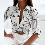 Women satin blouse graphic print lapel collar long sleeve slim fit