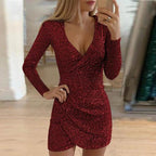 Women's sequin wrap dress with adjustable belt, glitter festive evening style
