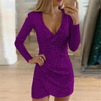 Women's sequin wrap dress with adjustable belt, glitter festive evening style