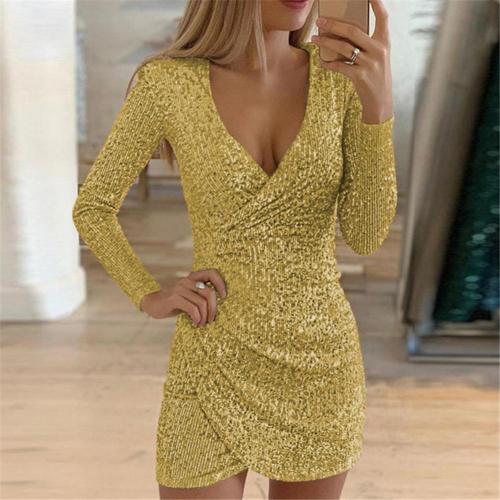 Women's sequin wrap dress with adjustable belt, glitter festive evening style