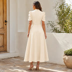 Midi Dress Women Puff Sleeve V Neck Flared Skirt Ruched Waist
