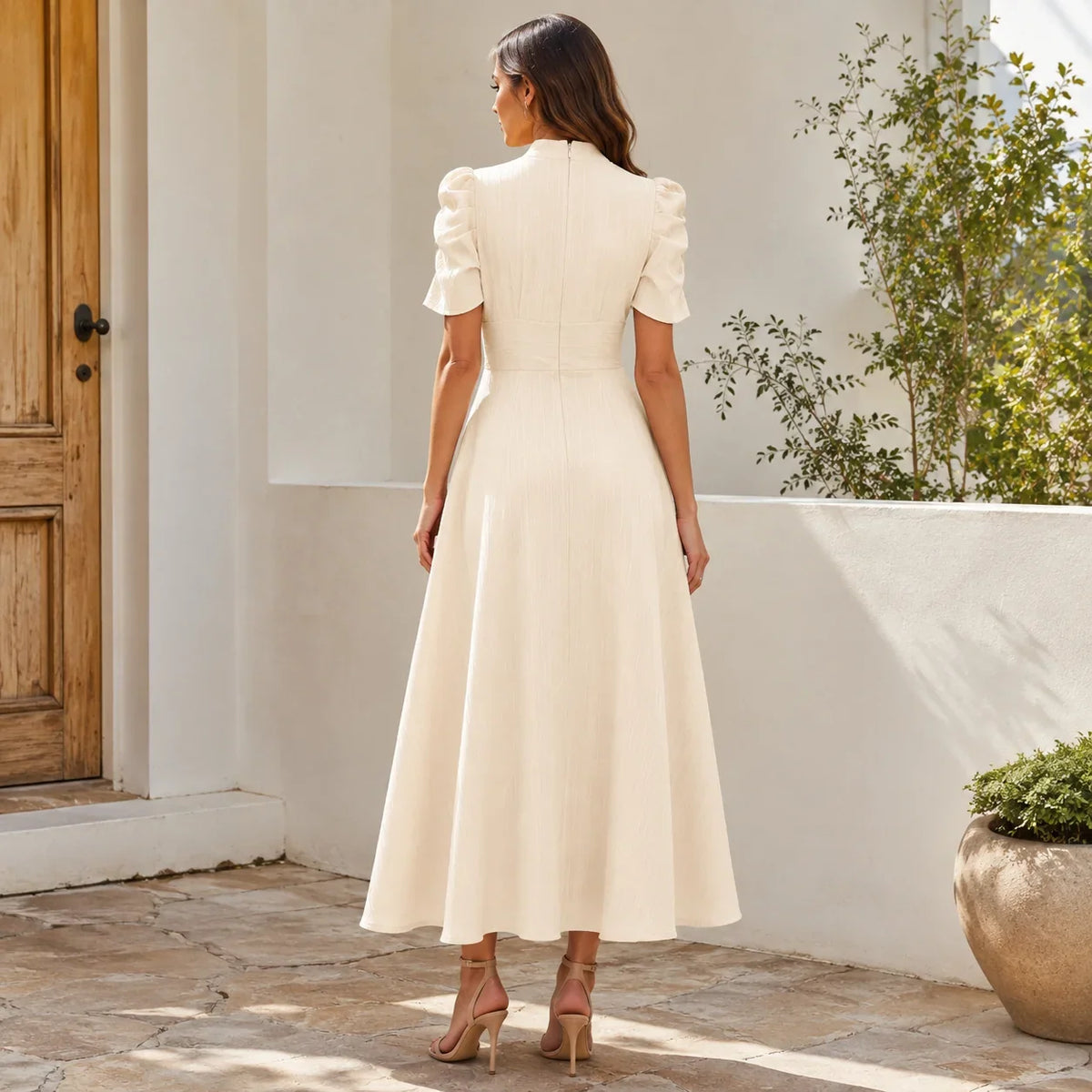 Midi Dress Women Puff Sleeve V Neck Flared Skirt Ruched Waist