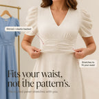 Midi Dress Women Puff Sleeve V Neck Flared Skirt Ruched Waist