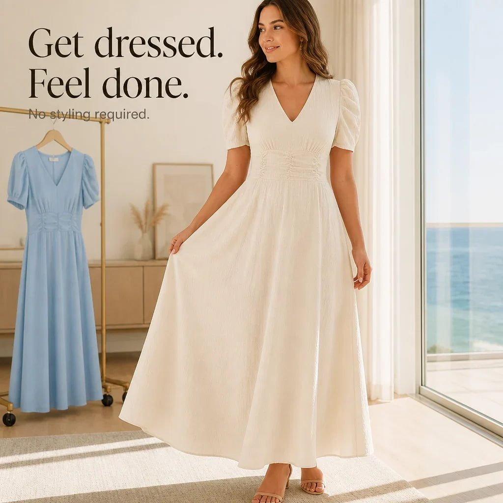 Midi Dress Women Puff Sleeve V Neck Flared Skirt Ruched Waist
