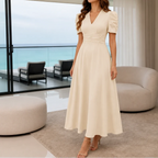 Midi Dress Women Puff Sleeve V Neck Flared Skirt Ruched Waist