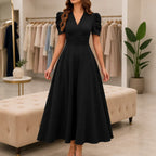 Midi Dress Women Puff Sleeve V Neck Flared Skirt Ruched Waist
