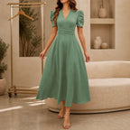 Midi Dress Women Puff Sleeve V Neck Flared Skirt Ruched Waist