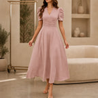 Midi Dress Women Puff Sleeve V Neck Flared Skirt Ruched Waist
