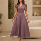 Midi Dress Women Puff Sleeve V Neck Flared Skirt Ruched Waist