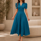 Midi Dress Women Puff Sleeve V Neck Flared Skirt Ruched Waist