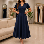 Midi Dress Women Puff Sleeve V Neck Flared Skirt Ruched Waist