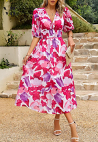 Women floral midi dress with V neck in flowing silhouette