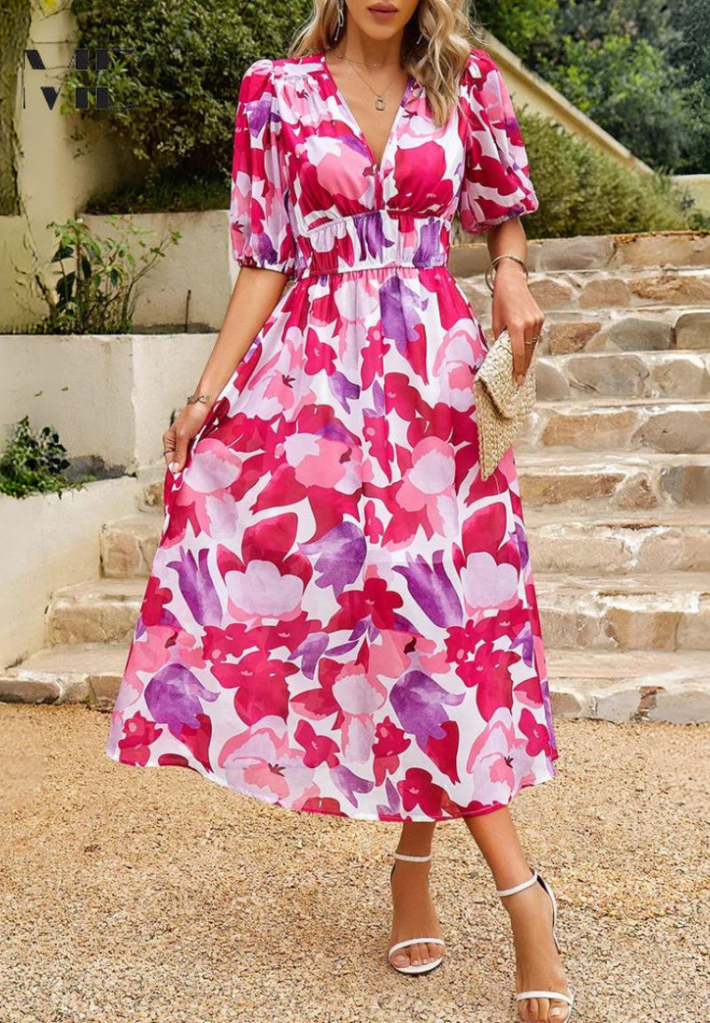 Women floral midi dress with V neck in flowing silhouette