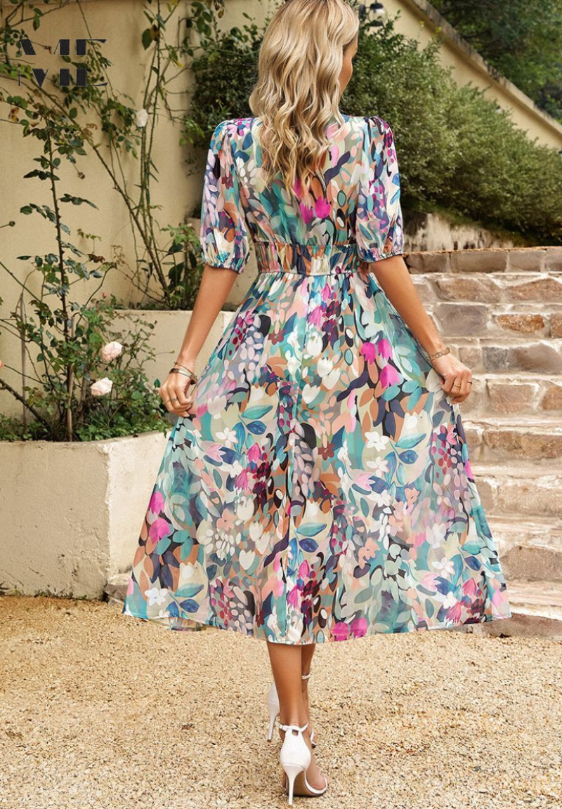 Women floral midi dress with V neck in flowing silhouette