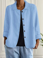 Linen Shirt Men Women Relaxed Fit Three Quarter Sleeve Button Front Top