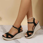 Women's orthopedic wedge sandals with criss-cross straps and adjustable ankle buckle, platform sole