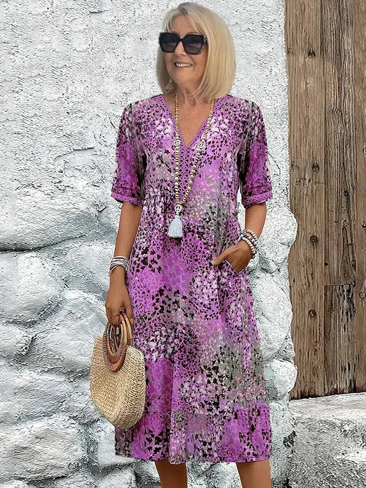 Women's printed V-neck A-line midi dress with pockets in multiple colours